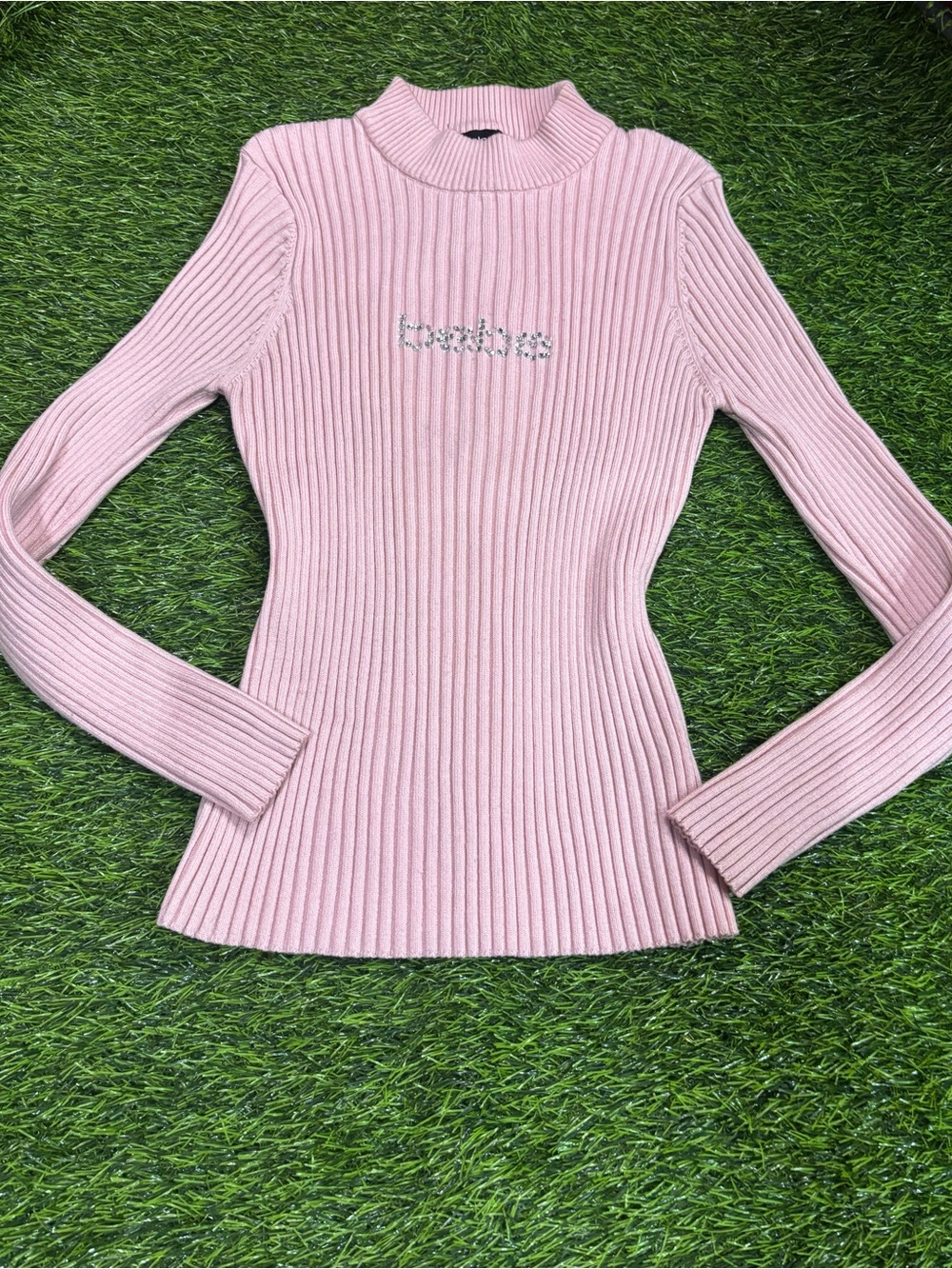Bebe Ribbed Pink Long-Sleeve Top with Embellished Logo
